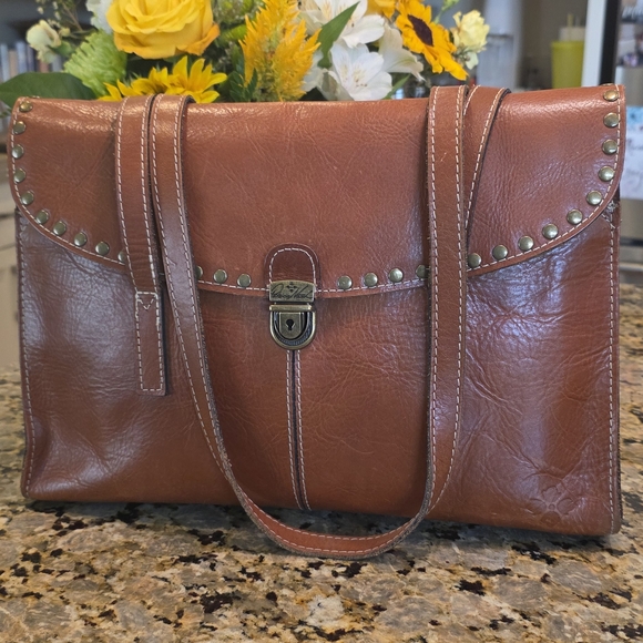 Patricia Nash Cognac Leather Satchel with Metal Studs - Picture 1 of 9